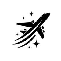 Black and white stylized airplane with vapor trails and starshaped elements, symbolizing travel and flight. vector