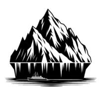 A minimalist black and white depiction of an iceberg, showcasing the vast unseen underwater portion, with a small boat navigating the icy waters, symbolizing danger. vector