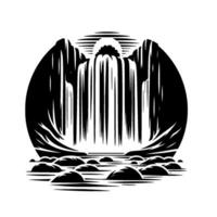 Black and White Circular Illustration of Waterfall Cascading Between Mountains and Rocks with Stylized Sun. vector
