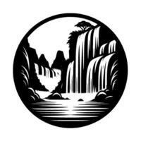 Monochrome Japaneseinspired landscape within a circle, featuring tiered waterfalls cascading into a serene lake against mountain backdrop. vector