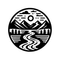 A minimalist black and white circular emblem showcasing a mountain landscape with a winding river, pine trees, and a sun or moon. vector