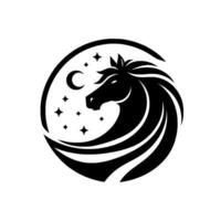 Stylized Black Horse Head within Circle with Crescent Moon and Stars, Representing Strength and Night vector