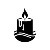 Black Silhouette of a Lit Candle with Melting Wax, Floating Base, and Modern, Clean , on white background. vector
