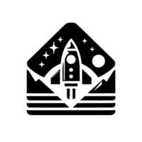 Stylized black and white rocket launch scene within a triangular frame featuring stars, moon, and mountains, representing space exploration. vector