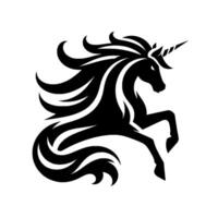Bold Black Silhouette of a Prancing Unicorn with Flowing Mane and Horn on White Background, Representing Grace and Power. vector