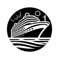 A Stylized, Black and White Circular Illustration of a Modern Cruise Ship on the Sea Under a Circle with Stars, and a Number . vector