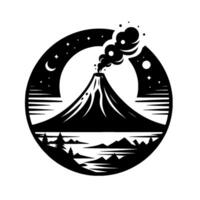 Silhouette of Erupting Volcano in Circle Frame with Lake, Forest, Crescent Moon, Stars, and a Minimalist vector