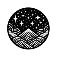 Black and white circular illustration of a starry night sky above a mountain range with swirling clouds and a bold geometric . vector