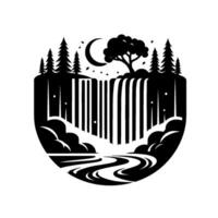 Serene Nightscape Minimalist Waterfall Scene with Crescent Moon, Trees, and River in Circular Composition, Monochrome. vector