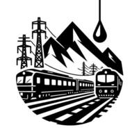 Black and white illustrative featuring two trains on parallel tracks, surrounded by mountains, power lines, and a stylized drop. vector