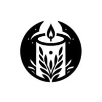 A stylized black and white circular featuring a candle with a flame, encircled by moons and foliage elements, conveying a sense of tranquility and nature. vector