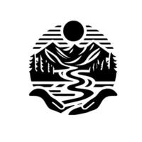 A protective illustration depicting a mountain range, flowing river, and forests, held gently within embracing hands, under a sun, stylized within a circle. vector