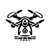 Stylized Black and White Drone with Shadow, Propellers, Camera, and Abstract Landing Grid on a Gradiant Background. vector