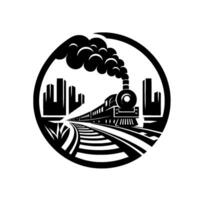 A stylized black and white circular featuring a steam train chugging towards a city skyline, evoking a sense of travel and progress. vector