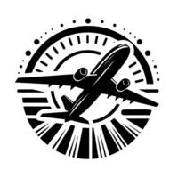 A stylized, highcontrast black and white depicting an airplane in flight, surrounded by a circular of radiating lines and dots, implying motion and travel. vector