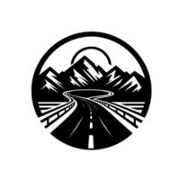 Black and white circular featuring a winding road passing through a mountain range under a simplified sun. vector