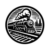 Black and white circular illustration of a classic steam train on tracks with city skyline in background. vector