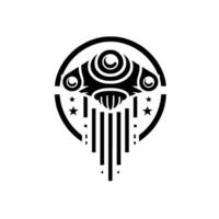 Abstract Black and White Symbol Circular Frame Enclosing a Stylized SpacecraftStructure with Stars and Geometric Elements. vector