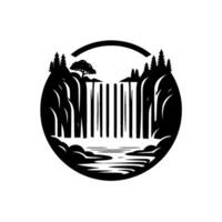 Black and white minimalist waterfall landscape enclosed within a circular frame, showcasing mountains, trees, and a sun. vector