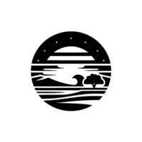 Black and White Circular Nighttime Coastal Scene with Wave, Tree, Horizon, and Stars. vector