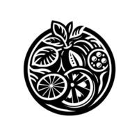 Intricate Black and White Stylized Citrus Fruit , Featuring Sliced Limes and Oranges, with Leafy Accents, Nestled within a Circular Frame. vector