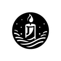 A stylized black and white circular illustration featuring a lit candle, nestled on stylized waves, with a starry night sky background. vector