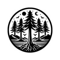Black and white circular emblem with a majestic forest scene featuring towering trees, moon, stars, flying birds, mountains, and water elements, creating a stylized nature landscape. vector