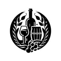Elegant Black and White Wine Emblem Bottle, Glass, Barrel, Grapes, and Laurel Wreath in a Circular . vector