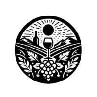 Circular Black and White Depicting a Vineyard Scene with a Sun, Wine Bottle, Glass, Grapes, Leaves, and Mountains. vector