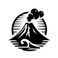 Stylized Black and White Volcano with Smoke, Within a Circular Frame, Embellished with WaveLike Forms and Sharp Details. vector