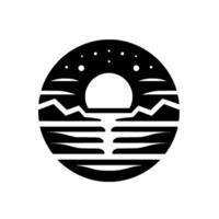 Black and white minimalist , depicting a serene ocean scene with mountains, a setting sun, and stars within a circular frame. vector