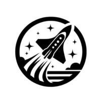 A stylized black and white emblem featuring a rocket launching through stylized clouds, surrounded by a circle and stars. vector