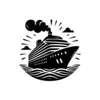 Stylized black and white illustration of a cruise ship sailing on wavy waters, encircled by radiating lines, with clouds and smoke. vector