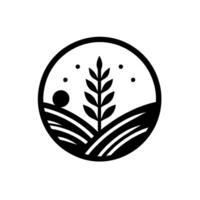 Minimalist monochrome emblem depicting a wheat stalk, stylized rolling fields, celestial elements, and a circular frame, evoking rustic charm and a sense of simplicity. vector