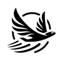 Silhouette of a swift bird in flight, encircled by a fragmented arc, conveying motion and freedom against a white background. vector