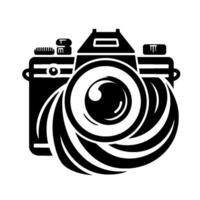 Bold Black and White Illustration of a Retro Camera with a Flowing Lens on a White Background. vector