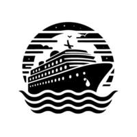 Monochromatic cruise ship illustration, sailing through stylized waves within a celestial circular frame, evoking tranquility and travel. vector