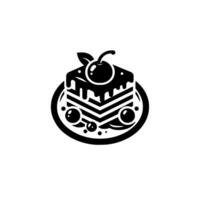 Black and white minimalist illustration of a slice of layered cake topped with a cherry on a plate, with a playful and modern , perfect for logos and branding. vector