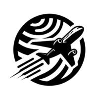 of a jet aircraft soaring through a stylized, spherical with motion lines, conveying travel and flight. vector