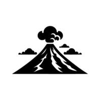 Bold black and white minimalist illustration of an erupting volcano with stylized clouds, set against a clean white backdrop, evoking dramatic power. vector