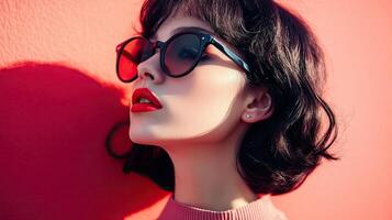 Portrait of an Elegant Woman with Red Lipstick and Patterned Sunglasses Against a Vibrant Red Background with Dramatic Lighting photo