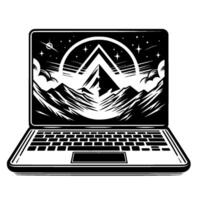 Stylized Black and White Laptop Depicting Mountains Under a Starry Sky, Conceptualizing Technology and Natures Connection. vector