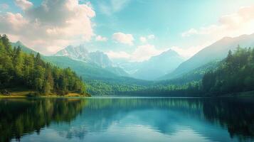 Lush Green Mountains Reflecting in Calm Lake Water under Bright Sunny Sky with Scattered Clouds Natural Outdoor Scenery photo