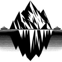 Black and White Silhouette Large iceberg with sharp peaks reflecting in the water with two ships on either side. vector