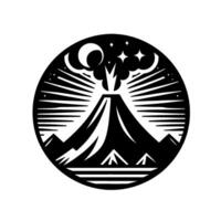 Black and White Circular Illustration of Erupting Volcano under a Crescent Moon and Stars with Mountain Range Silhouette. vector