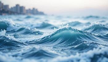 Vibrant Turquoise Ocean Waves with Foaming Crests Under a Soft Sky and Distant Cityscape photo