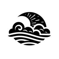 Black and white Japaneseinspired emblem featuring sun, clouds, and waves, representing peace and natural harmony. vector