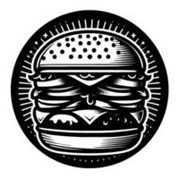 Bold, stylized blackandwhite illustration of a stacked hamburger in a circular frame, with decorative radial lines and stars. vector