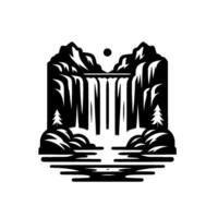 A stylized, minimalist black and white illustration of a majestic waterfall cascading between two mountain peaks under a sun, with pine trees and water below. vector