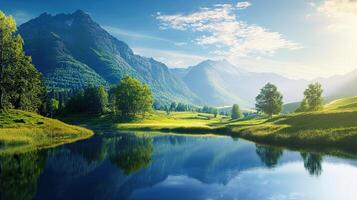 Panoramic Lake Reflection of Lush Green Mountains under a Clear Blue Sky with Scattered Clouds in Bright Sunlight photo
